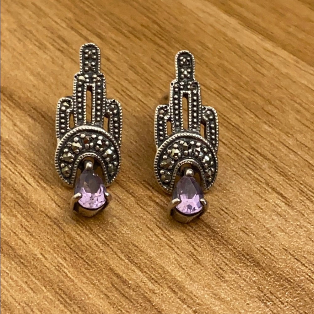 Cute marcasite & amethyst 925 sterling silver earrings!